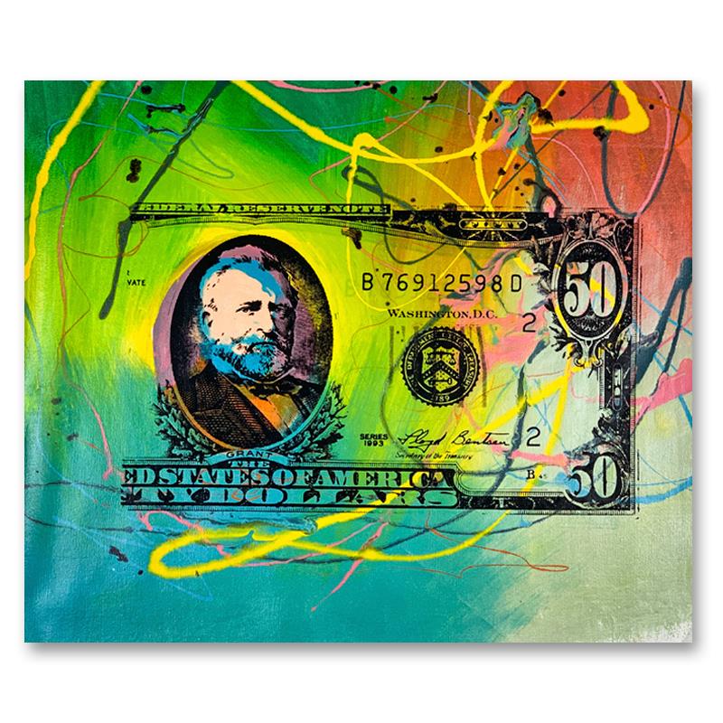 Steve Kaufman (1960-2010) "50 Dollar Bill" Original: "Half Grant multi colored" is a limited edition hand pulled silkscreen mixed media on canvas by Andy Warhol protege Steve Kaufman (1960-2010). This piece is numbered and AP 31/50 and hand signed inver