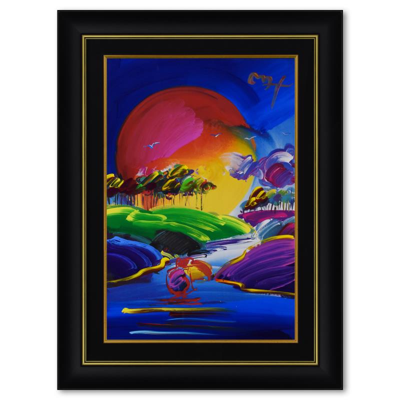 Peter Max "Without Borders II" Original Mixed Media on: "Without Borders II" is a one-of-a-kind acrylic mixed media on paper, hand signed by Peter Max. This piece comes custom framed. Includes Certificate of Authenticity from Peter Max Studios! Measures ap