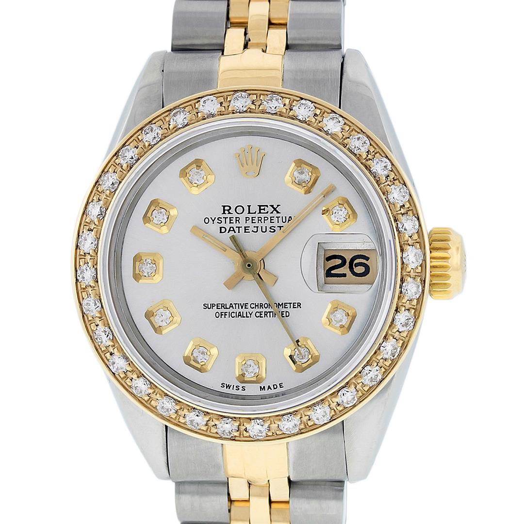 Rolex Ladies Two Tone Diamond Datejust Oyster Perpetual: One Ladies Two Tone Rolex Datejust Polished, Serviced & Electronically Tested, Yellow Gold & Stainless Steel Case: 26mm, Yellow Gold Crown, Custom Bezel: 18K Yellow Gold Beadset Diamond Bezel, Diamond