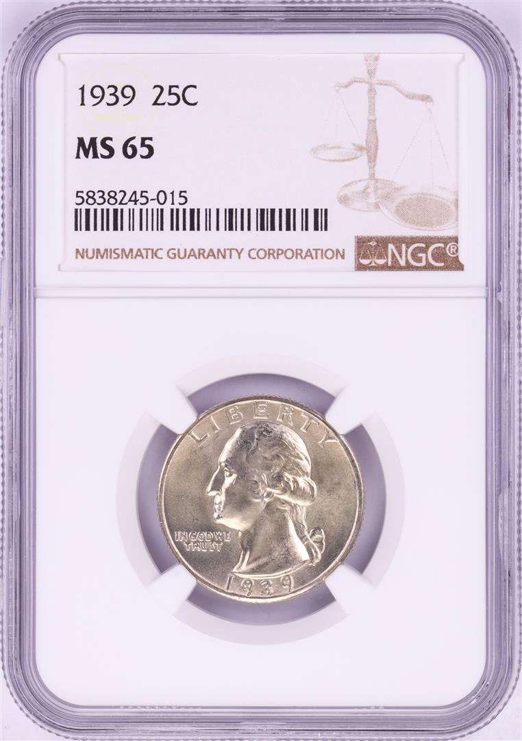 1939 Washington Quarter Coin NGC MS65: One 1939 Washington Quarter Coin NGC MS65. NGC Certified.