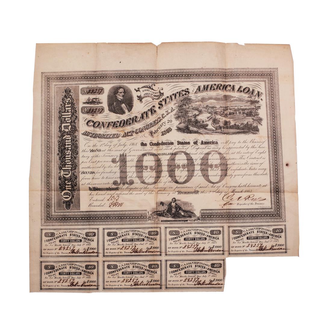 1863 $1,000 Confederate Bond Obsolete Sheet B-134: One 1863 $1,000 Confederate Bond Obsolete Sheet B-134.