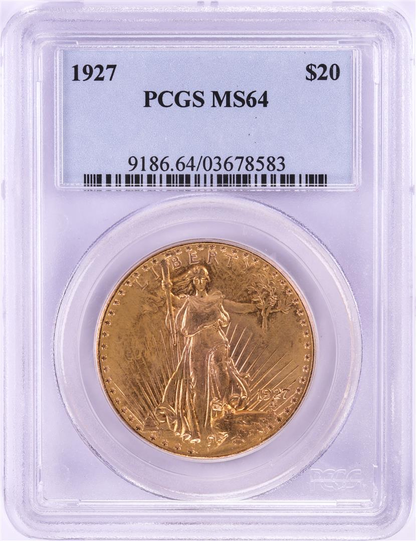 1927 $20 St. Gaudens Double Eagle Gold Coin PCGS MS64: One 1927 $20 St. Gaudens Double Eagle Gold Coin PCGS MS64. PCGS Graded.