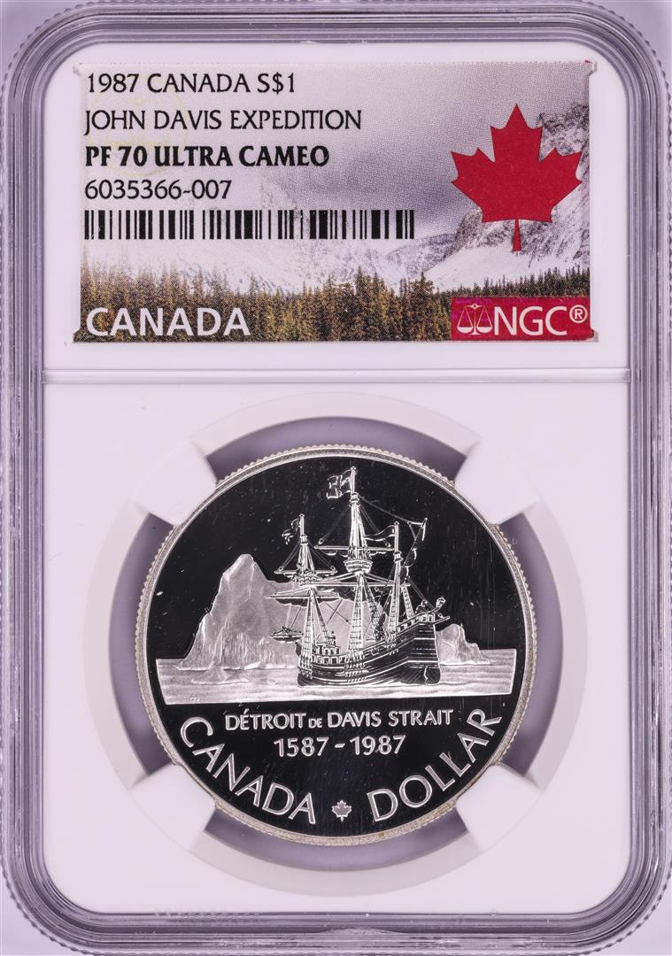 1987 $1 Canada Proof John Davis Expedition Silver: One 1987 $1 Canada Proof John Davis Expedition Silver Dollar Coin NGC PF 70 Ultra Cameo. NGC Certified.
