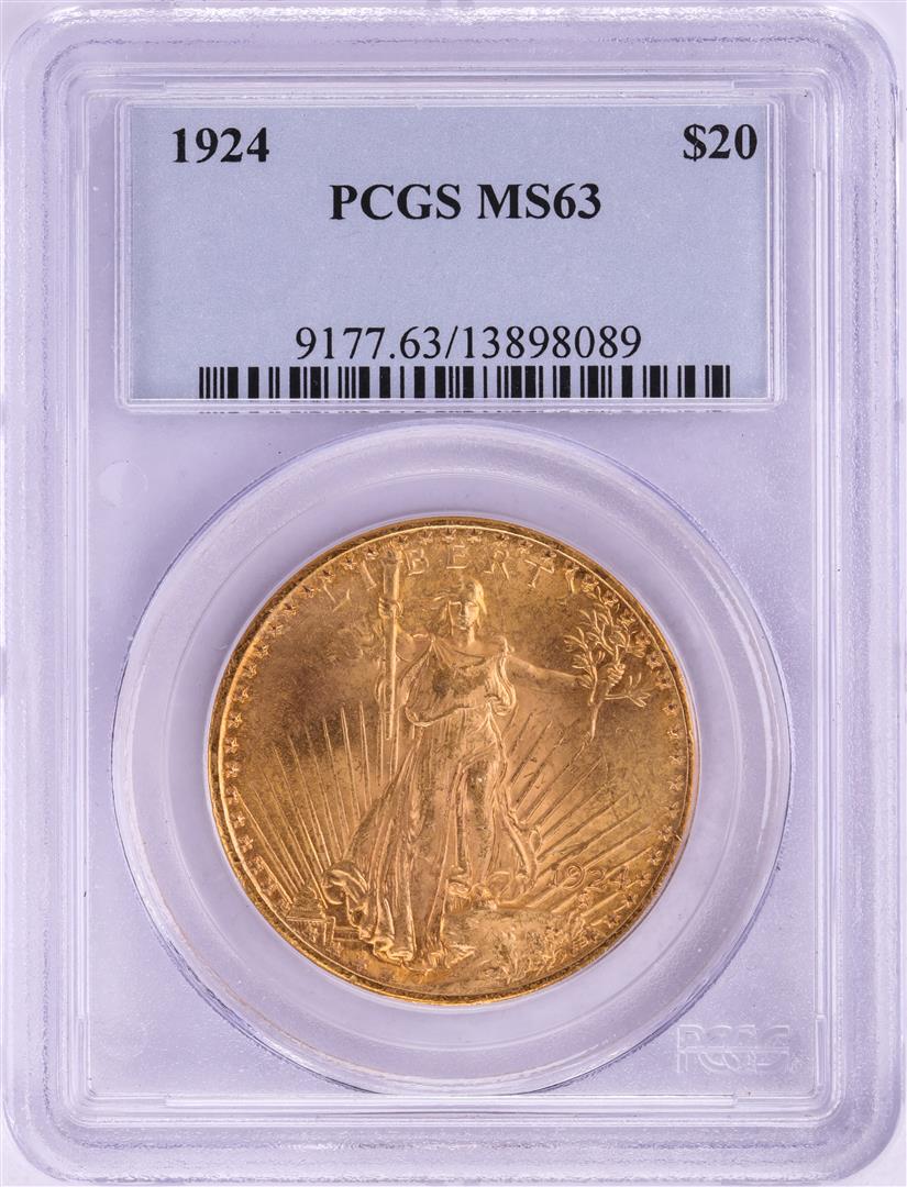 1924 $20 St. Gaudens Double Eagle Gold Coin PCGS MS63: One 1924 $20 St. Gaudens Double Eagle Gold Coin PCGS MS63. PCGS Graded.