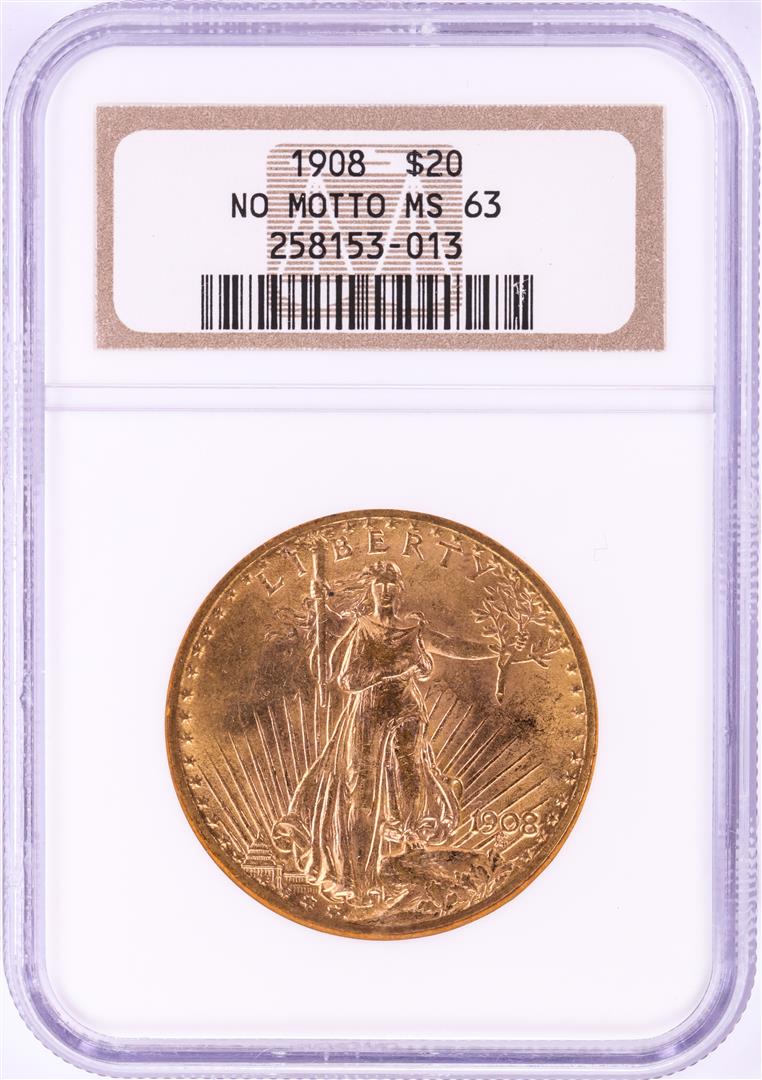 1908 No Motto $20 St. Gaudens Double Eagle Gold Coin: One 1908 No Motto $20 St. Gaudens Double Eagle Gold Coin NGC MS63. NGC Certified.