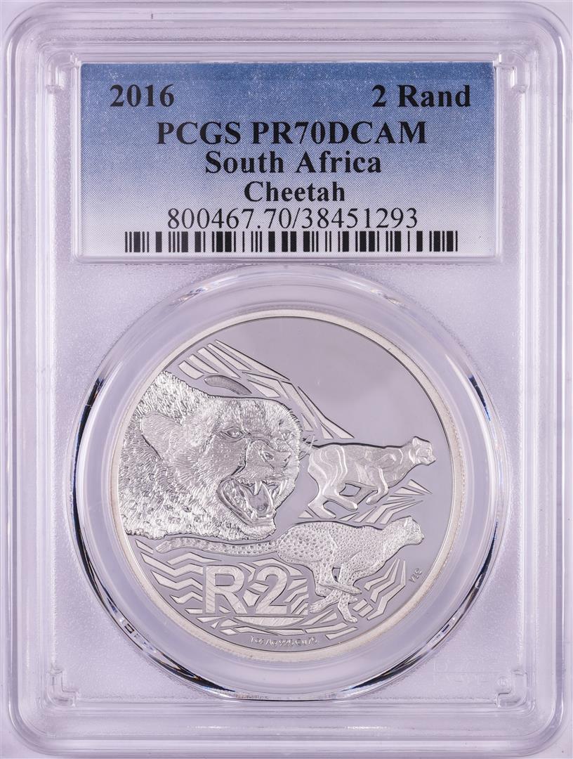 2016 Proof South Africa 2 Rand Cheetah Silver Coin PCGS: One 2016 Proof South Africa 2 Rand Cheetah Silver Coin PCGS PR70DCAM. PCGS Graded.