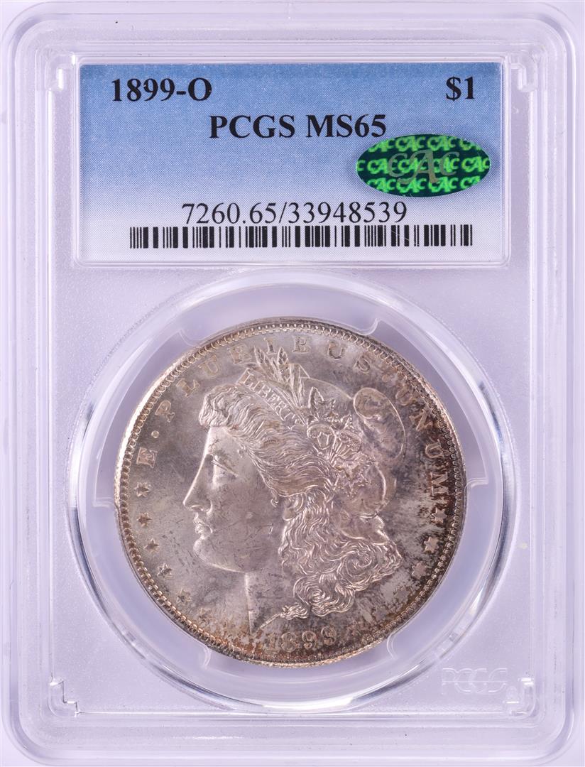 1899-O $1 Morgan Silver Dollar Coin PCGS MS65 CAC: One 1899-O $1 Morgan Silver Dollar Coin PCGS MS65 CAC. PCGS Graded.