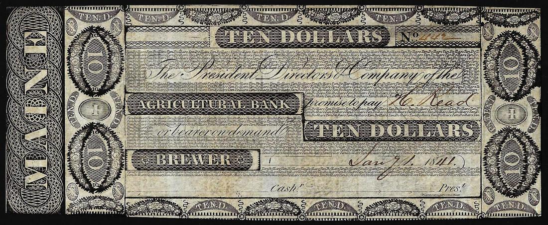 1841 $10 Agricultural Bank Brewer, Maine Obsolete: One 1841 $10 Agricultural Bank Brewer, Maine Obsolete Banknote.