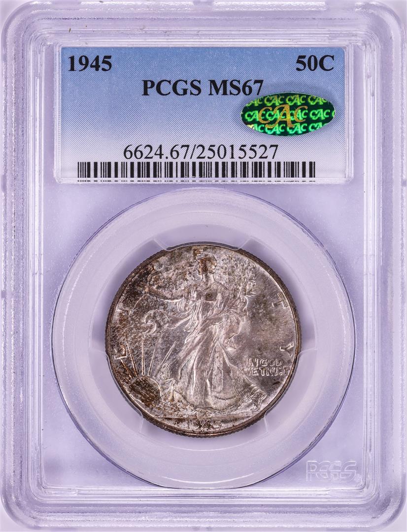 1945 Walking Liberty Half Dollar Coin PCGS MS67 CAC: One 1945 Walking Liberty Half Dollar Coin PCGS MS67 CAC. PCGS Graded.