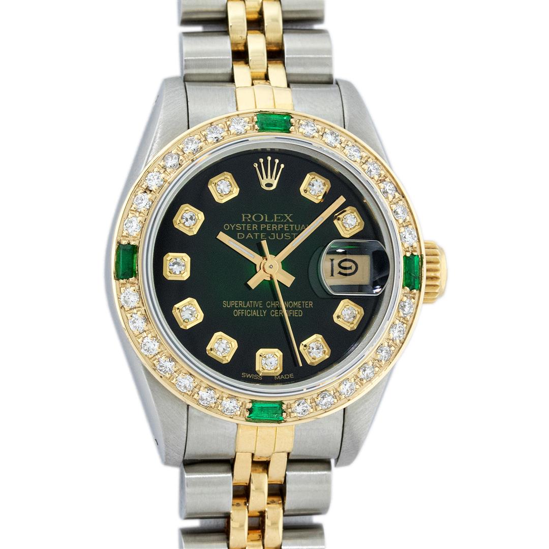 Rolex Ladies Two Tone Green Vignette Diamond & Emerald: One Ladies Two Tone Rolex Datejust Polished, Serviced & Electronically Tested, Yellow Gold & Stainless Steel Case: 26mm, Yellow Gold Crown, Custom Bezel: New 18K Yellow Gold Emerald Beadset Diamond Be