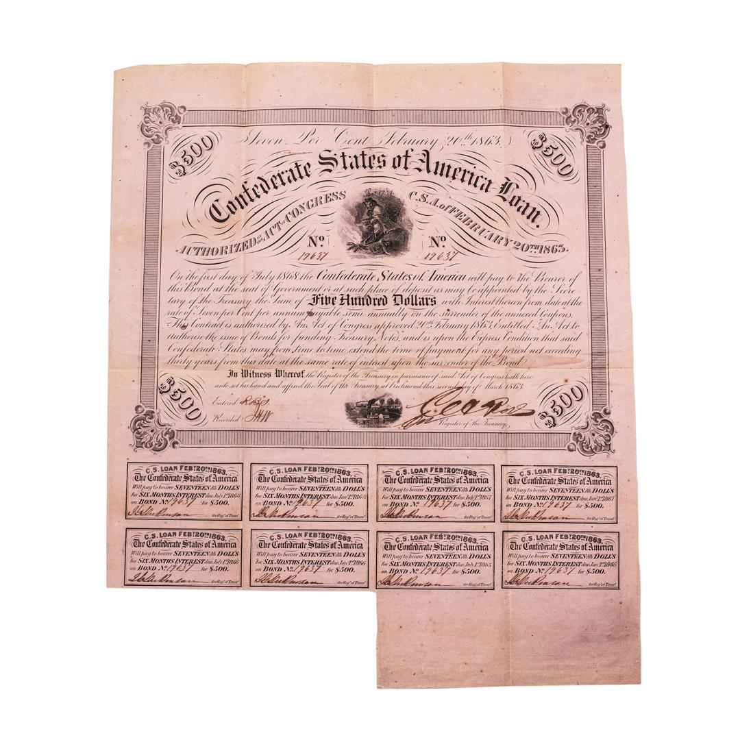 1863 $500 Confederate Bond Obsolete Sheet Printed on: One 1863 $500 Confederate Bond Obsolete Sheet Printed on Pink Paper B-221.
