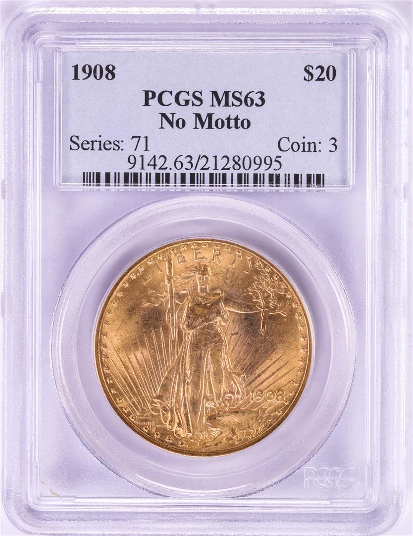 1908 No Motto $20 St. Gaudens Double Eagle Gold Coin: One 1908 No Motto $20 St. Gaudens Double Eagle Gold Coin PCGS MS63. PCGS Graded.