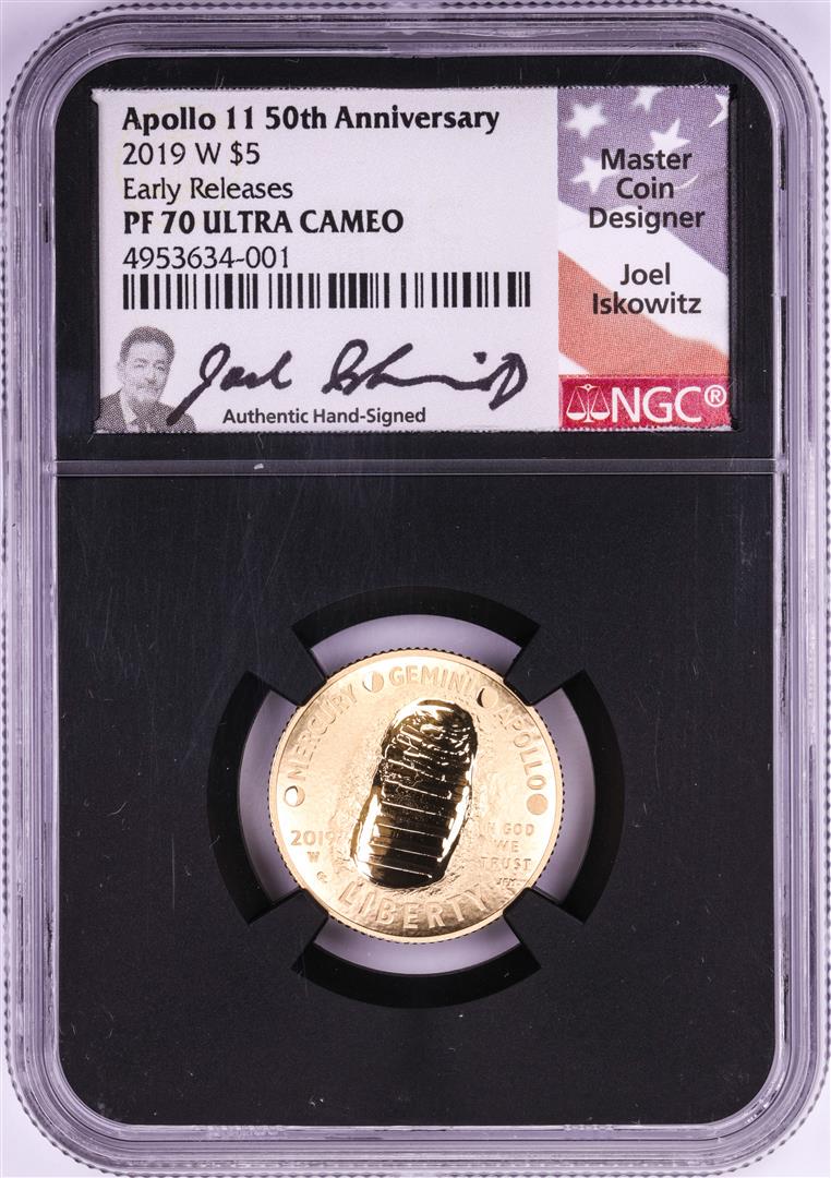2019-W $5 Proof Apollo 11 50th Anniversary Gold Coin: One 2019-W $5 Proof Apollo 11 50th Anniversary Gold Coin NGC PF70 Ultra Cameo ER Signed. NGC Certified.