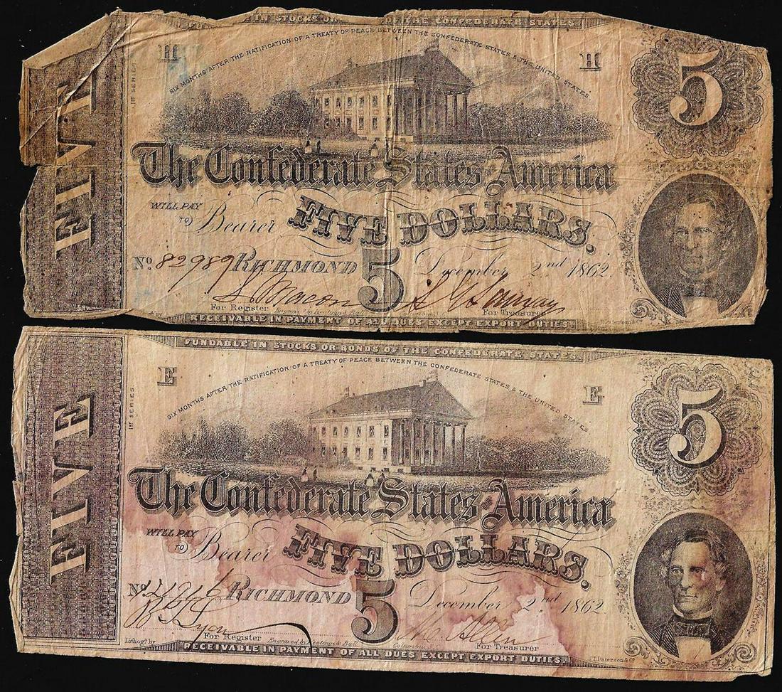 Lot of (2) 1862 $5 Confederate States of America Notes: One Lot of (2) 1862 $5 Confederate States of America Notes.