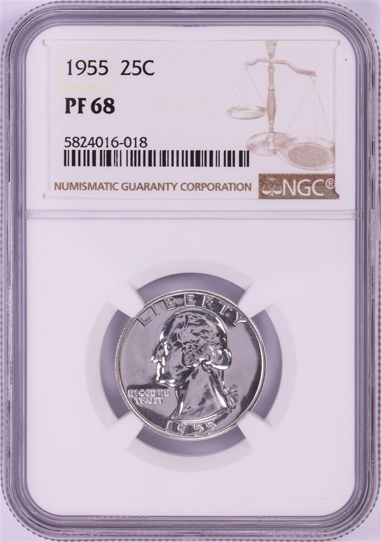 1955 Proof Washington Quarter Coin NGC PF68: One 1955 Proof Washington Quarter Coin NGC PF68. NGC Certified.