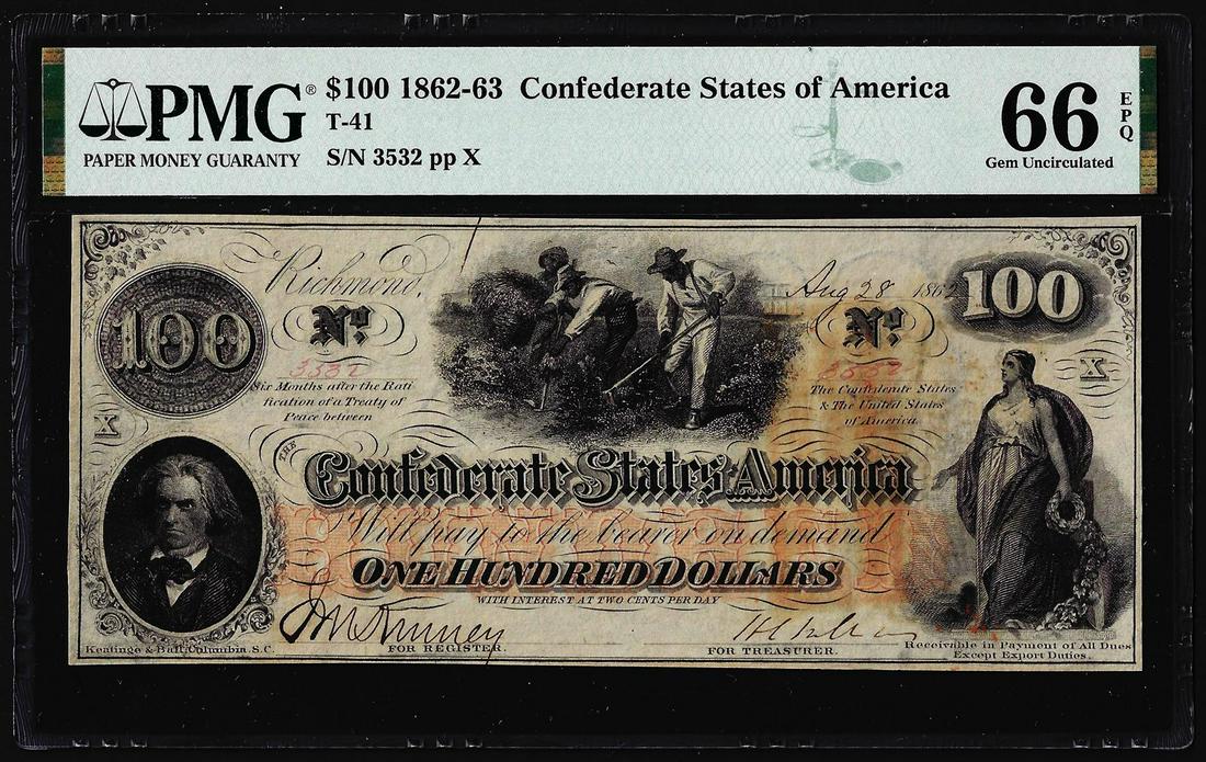 1862 $100 Confederate States of America Note T-41 PMG: One 1862 $100 Confederate States of America Note T-41 PMG Gem Uncirculated 66EPQ. PMG Certified.