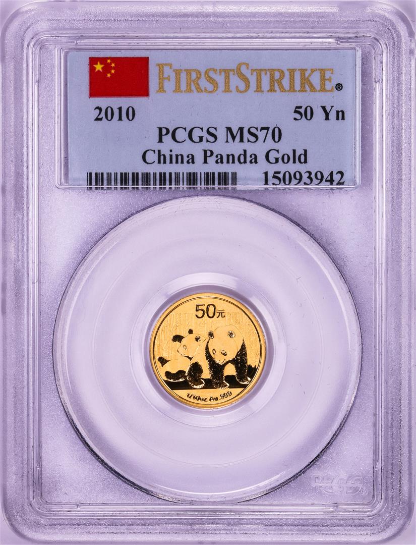 2010 China 50 Yuan Panda 1/10 oz. Gold Coin PCGS MS70: One 2010 China 50 Yuan Panda 1/10 oz. Gold Coin PCGS MS70 First Strike. PCGS Graded.