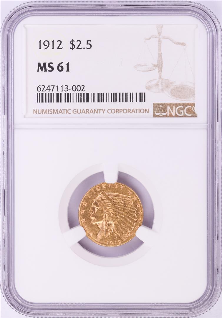 1912 $2 1/2 Indian Head Quarter Eagle Gold Coin NGC: One 1912 $2 1/2 Indian Head Quarter Eagle Gold Coin NGC MS61. NGC Certified.
