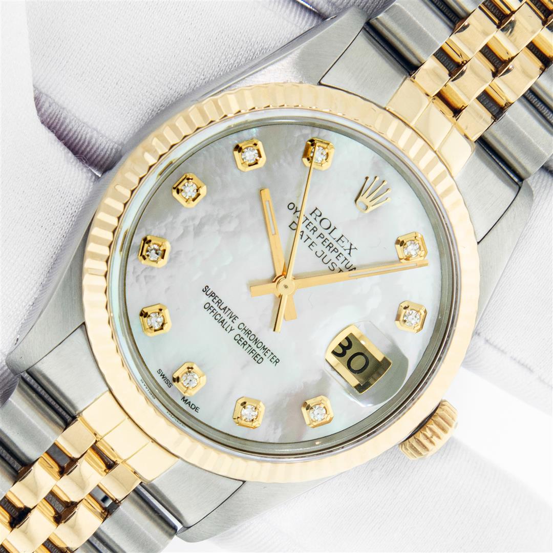 Rolex Men's Two Tone Mother Of Pearl VS Diamond: One Men's Yellow Gold Two Tone Rolex Datejust Polished, Serviced & Electronically Tested, Yellow Gold & Stainless Steel Case: 36mm, Yellow Gold Crown, Bezel: 18K Yellow Gold Fluted Bezel. Custom Cryst