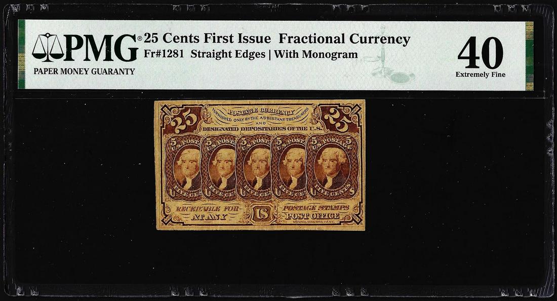 1862 First Issue 25 Cent Fractional Currency Note: One 1862 First Issue 25 Cent Fractional Currency Note Fr.1281 PMG Extremely Fine 40. PMG Certified.
