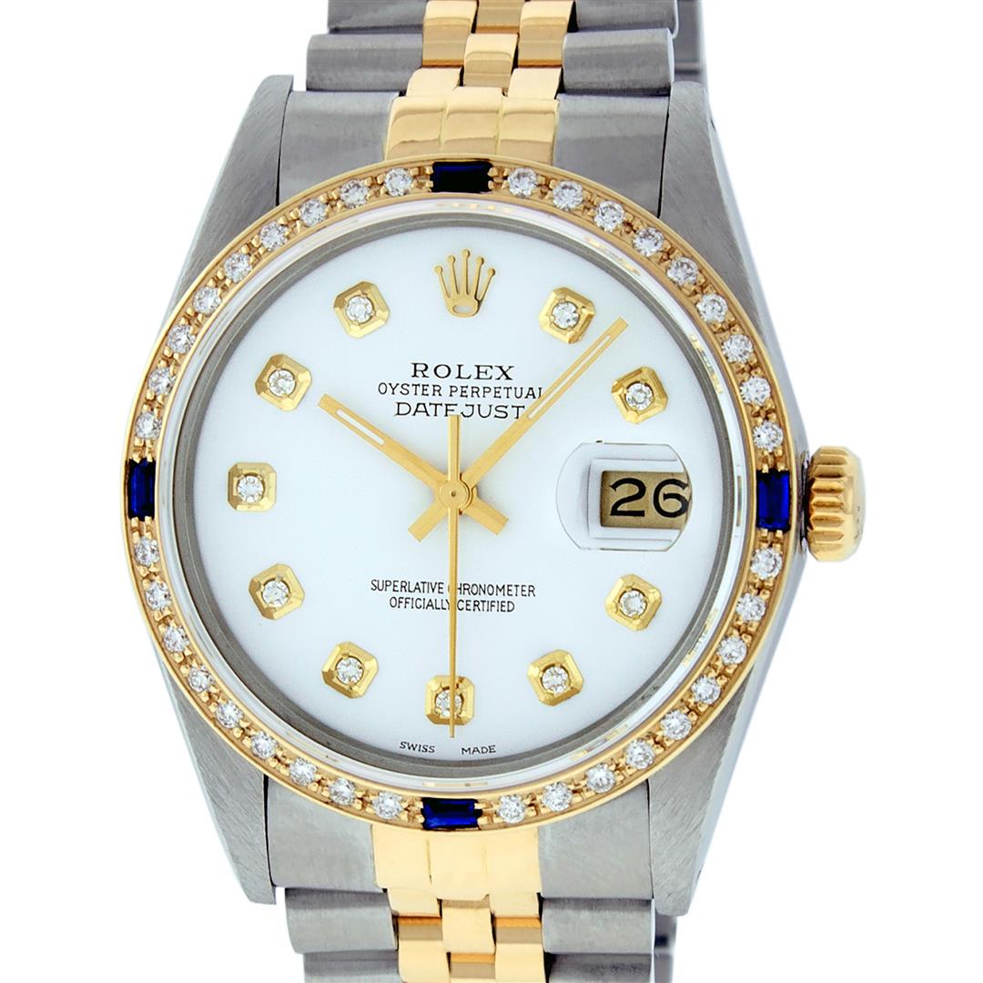 Rolex Mens Two Tone White Diamond & Sapphire Datejust: One Mens Yellow Gold Two Tone Rolex Datejust Polished, Serviced & Electronically Tested, Yellow Gold & Stainless Steel Case: 36mm, Yellow Gold Crown, Custom Bezel: New 18K Yellow Gold Sapphire Beadset
