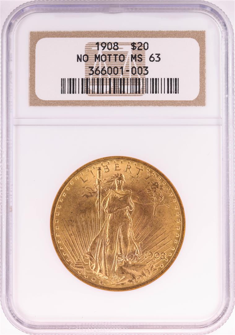 1908 No Motto $20 St. Gaudens Double Eagle Gold Coin: One 1908 No Motto $20 St. Gaudens Double Eagle Gold Coin NGC MS63. NGC Certified.