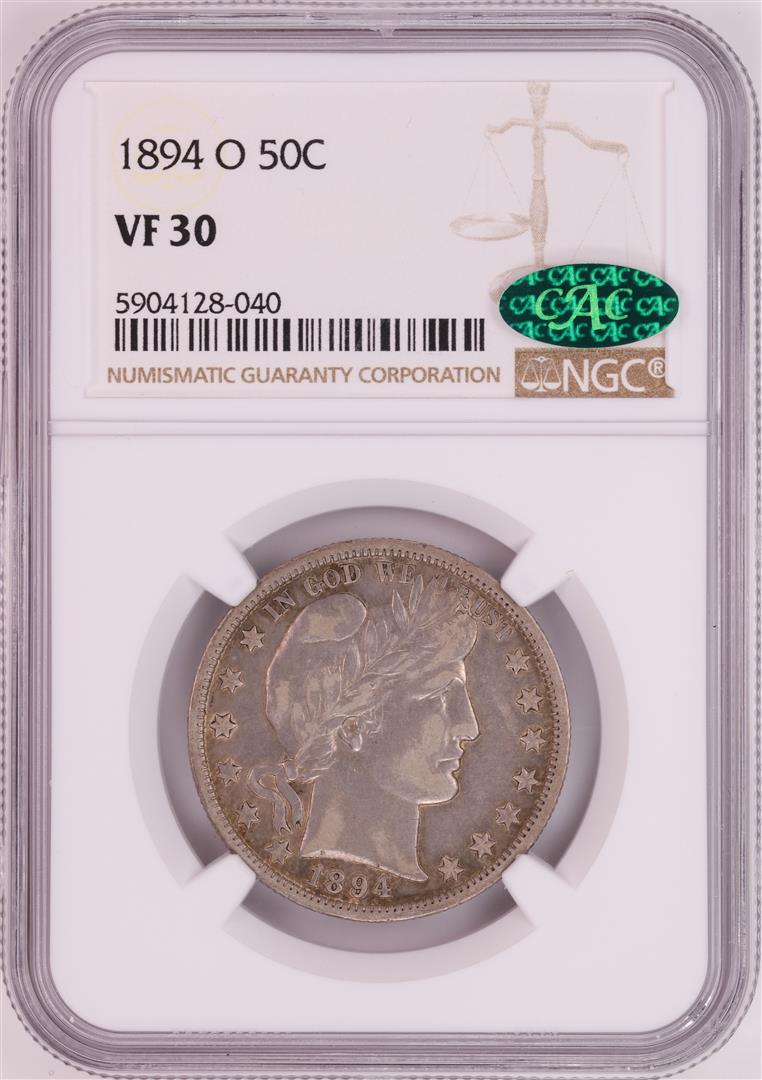 1894-O Barber Half Dollar Coin NGC VF30 CAC: One 1894-O Barber Half Dollar Coin NGC VF30 CAC. NGC Certified.