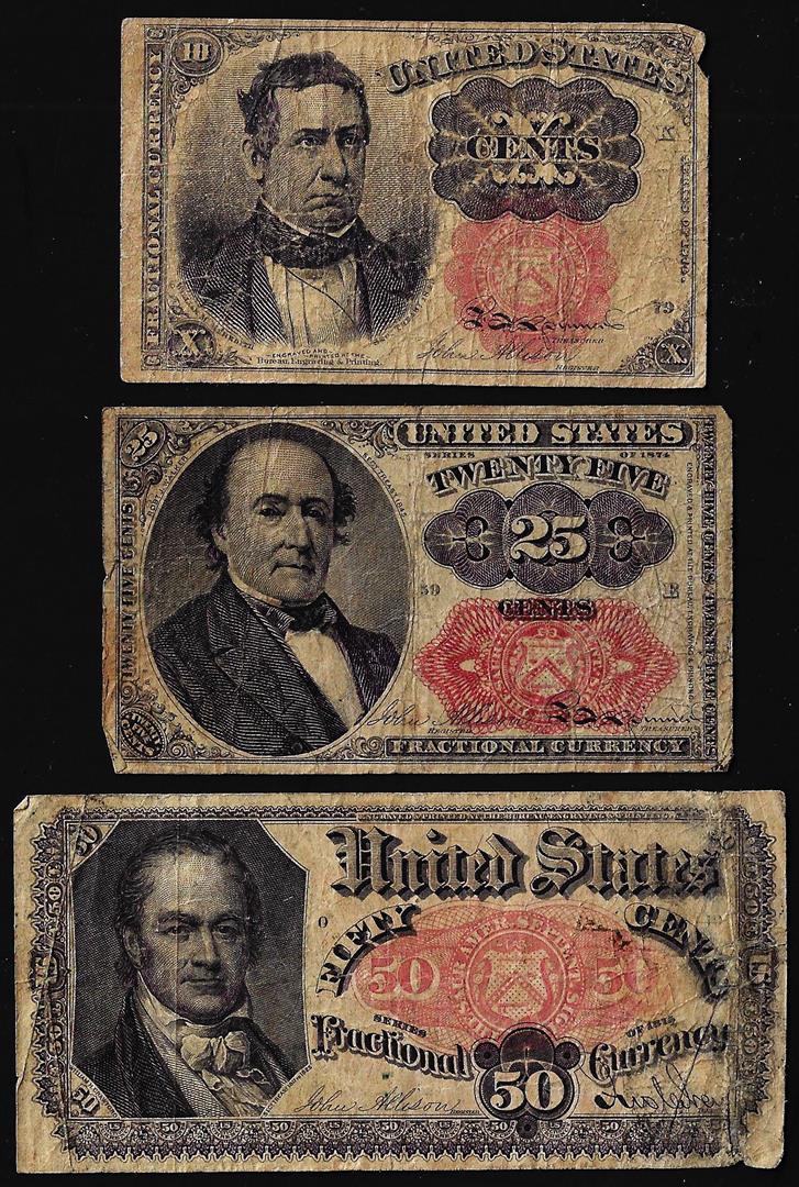 Lot of (3) 5th Issue 10/25/50 Cents Fractional Currency: One Lot of (3) 5th Issue 10/25/50 Cents Fractional Currency Notes.