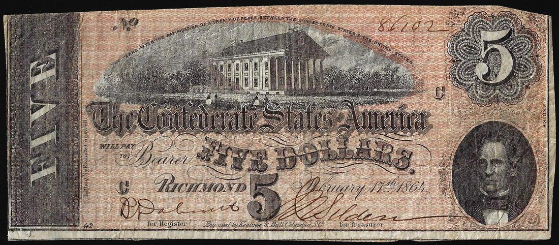 1864 $5 Confederate States of America Note: One 1864 $5 Confederate States of America Note.