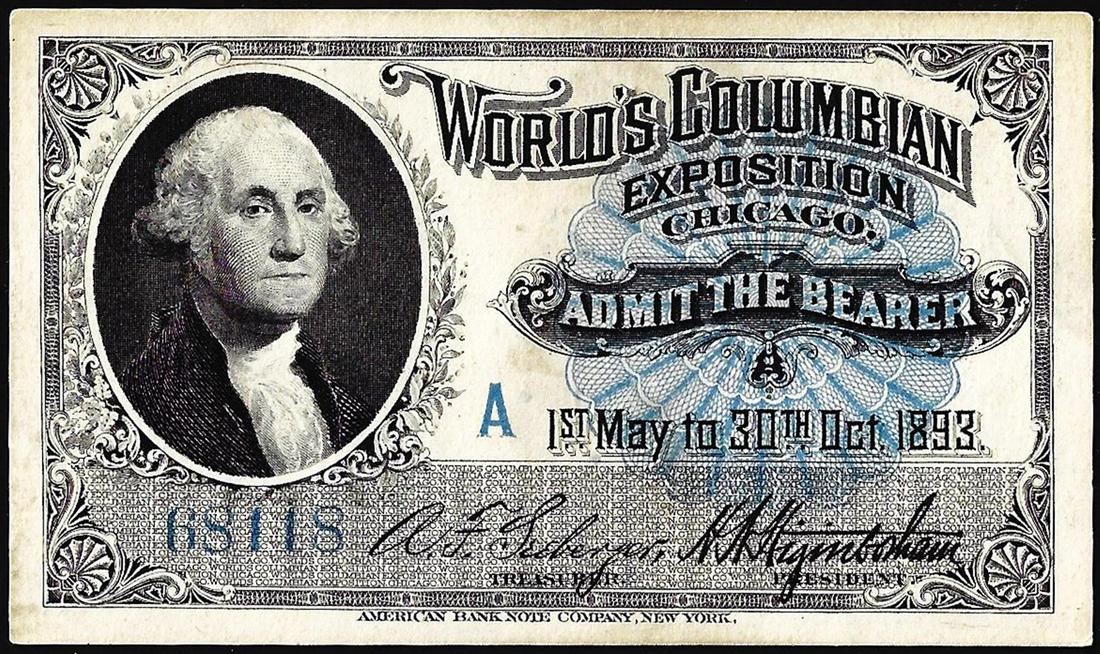 1893 World's Fair Columbian Exposition Ticket: One 1893 World's Fair Columbian Exposition Ticket Washington.
