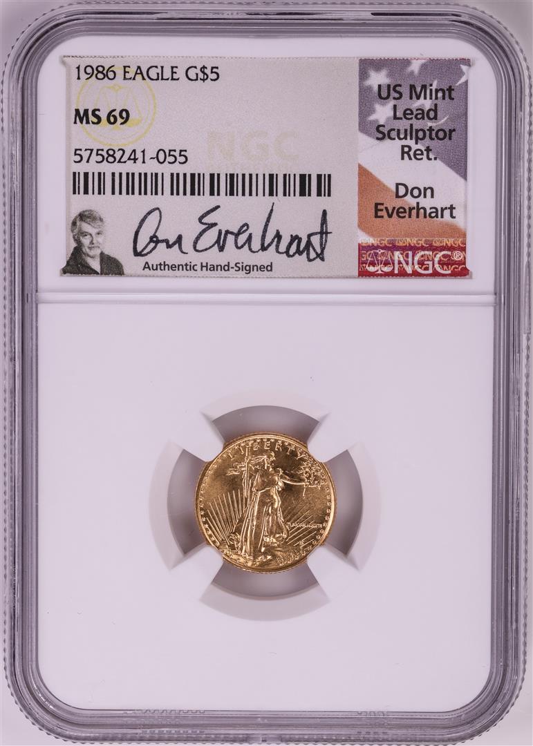 1986 $5 American Gold Eagle Coin NGC MS69 Don Everhart: One 1986 $5 American Gold Eagle Coin NGC MS69 Don Everhart Signature. NGC Certified.