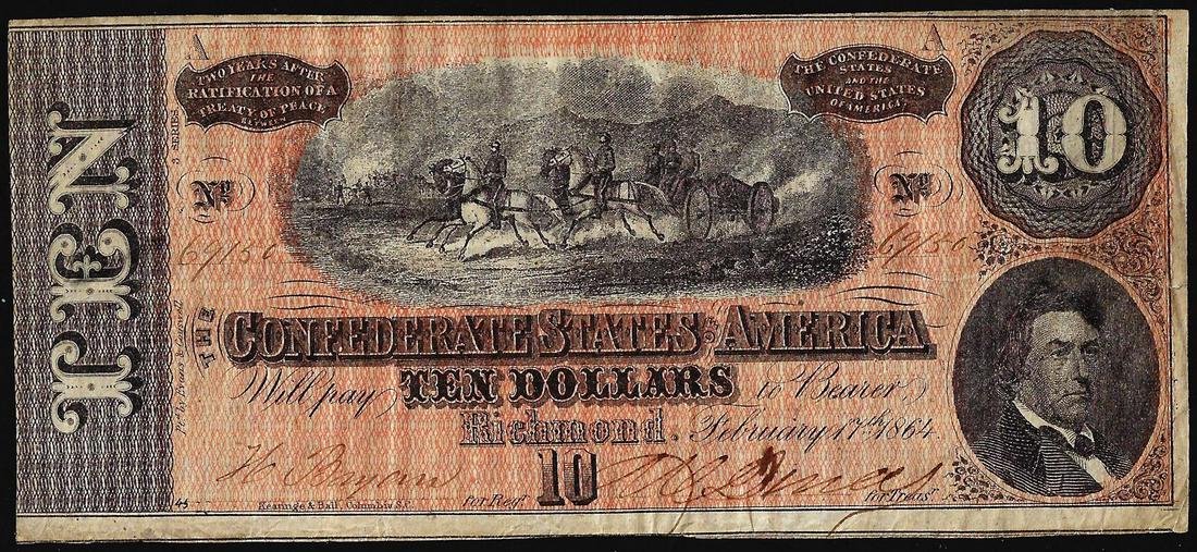 1864 $10 Confederate States of America Note: One 1864 $10 Confederate States of America Note.