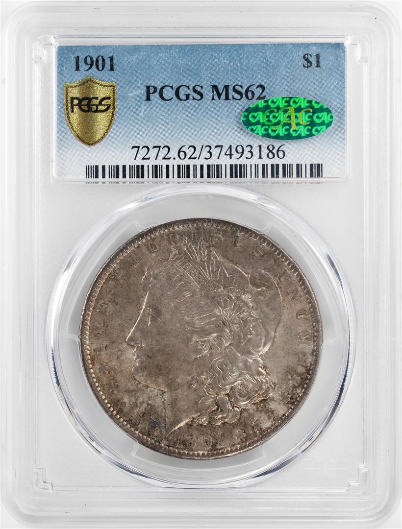 1901 $1 Morgan Silver Dollar Coin PCGS MS62 CAC: One 1901 $1 Morgan Silver Dollar Coin PCGS MS62 CAC. PCGS Graded.