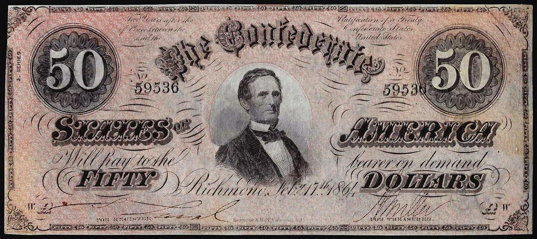 1864 $50 Confederate States of America Note: One 1864 $50 Confederate States of America Note.
