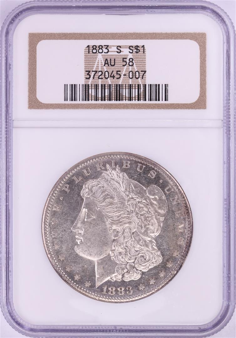 1883-S $1 Morgan Silver Dollar Coin NGC AU58: One 1883-S $1 Morgan Silver Dollar Coin NGC AU58. NGC Certified.