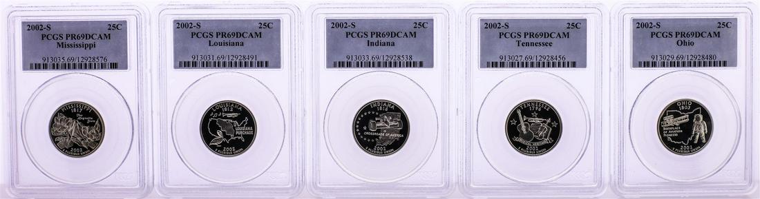 Set of (5) 2002-S Proof State Quarter Coins PCGS: One Set of (5) 2002-S Proof State Quarter Coins PCGS PR69DCAM. PCGS Graded.