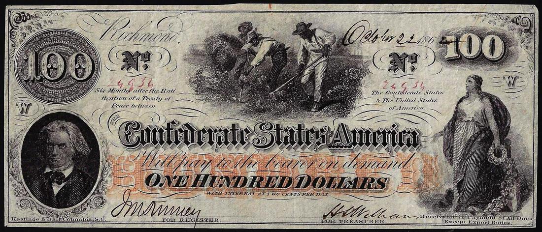 1862 $100 Confederate States of America Note: One 1862 $100 Confederate States of America Note.