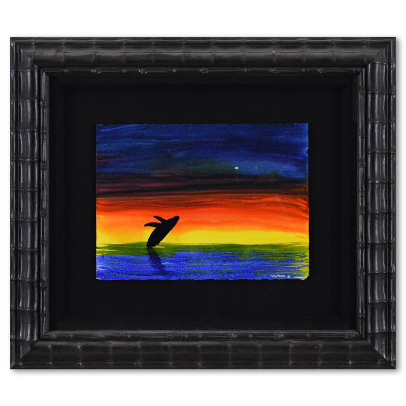 Wyland "Sunset Breach" Original Watercolor On Paper: "Sunset Breach" is an original watercolor painting on deckle edge paper by Wyland, hand signed by the artist. This piece comes framed. Includes Letter of Authenticity. Measures approx. 27" x 23.5" (fr