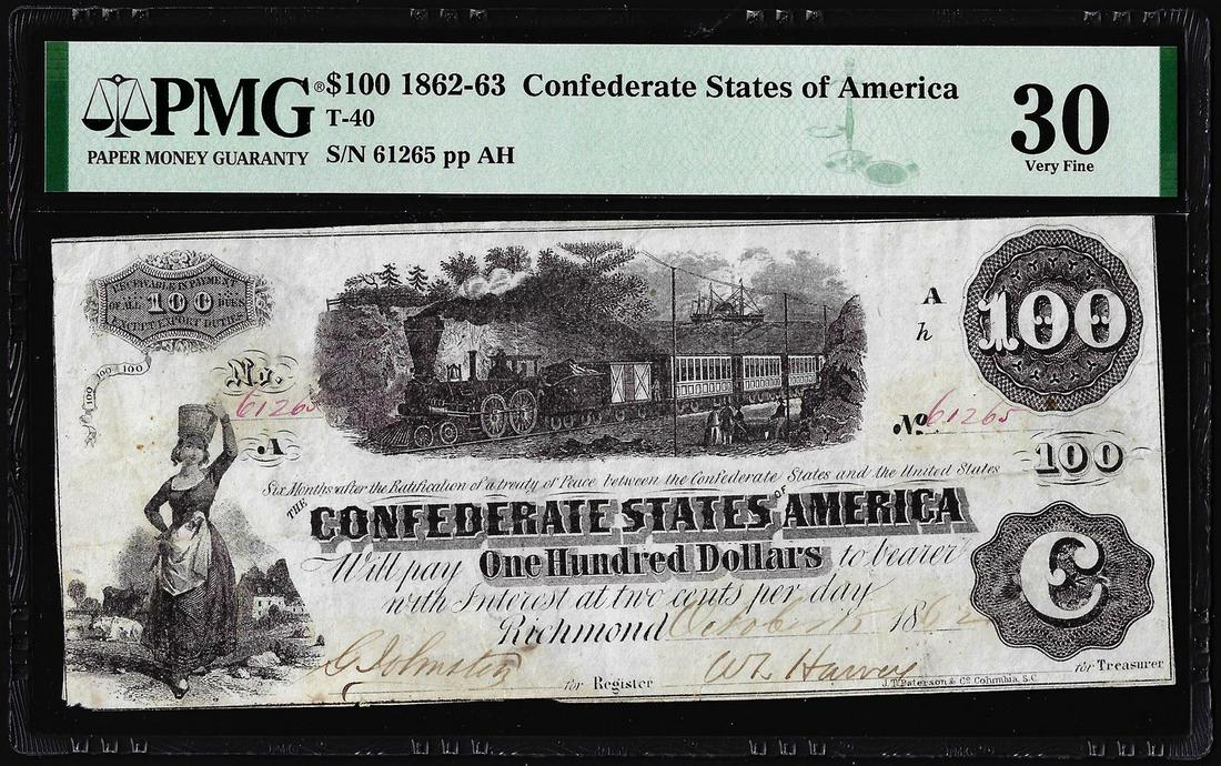 1862-63 $100 Confederate States of America Note T-40: One 1862-63 $100 Confederate States of America Note T-40 PMG Very Fine 30. PMG Certified.