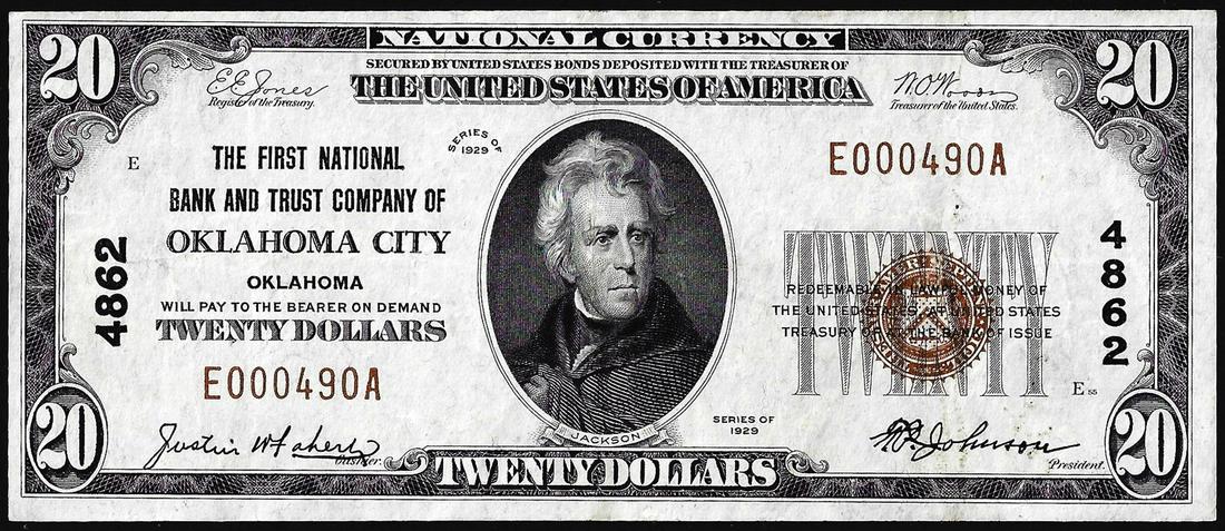 1929 $20 First NB and Trust Company Oklahoma City, OK: One 1929 $20 First NB and Trust Company Oklahoma City, OK CH# 4862 National Currency Note.