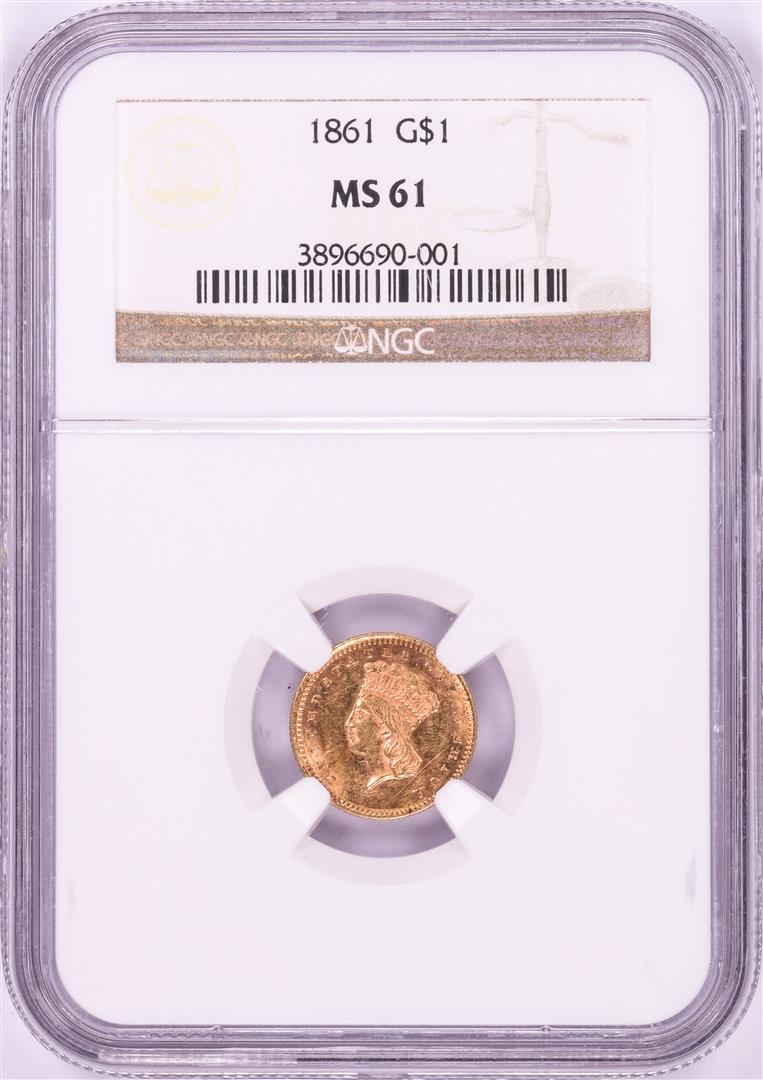 1861 $1 Indian Princess Head Gold Dollar Coin NGC MS61: One 1861 $1 Indian Princess Head Gold Dollar Coin NGC MS61. NGC Certified.
