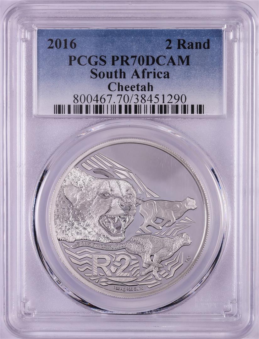 2016 Proof South Africa 2 Rand Cheetah Silver Coin PCGS: One 2016 Proof South Africa 2 Rand Cheetah Silver Coin PCGS PR70DCAM. PCGS Graded.