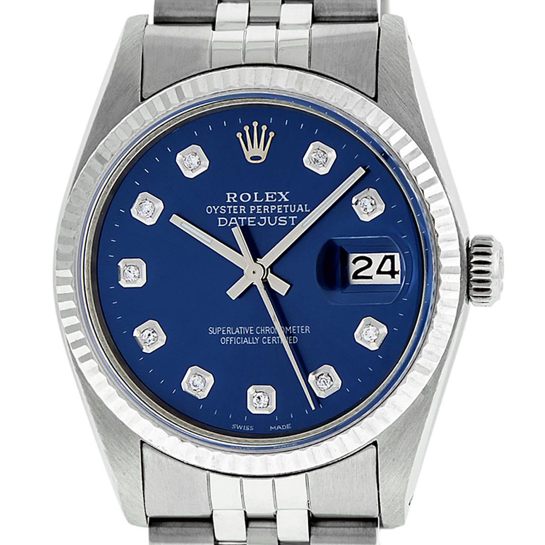 Rolex Men's Stainless Steel Blue Diamond Datejust: One Men's Stainless Steel Rolex Datejust Polished Bright with Satin Finish, Serviced & Electronically Tested, Stainless Steel Case: 36mm, Stainless Steel Crown, Bezel: New 14K White Gold Fluted Bezel.
