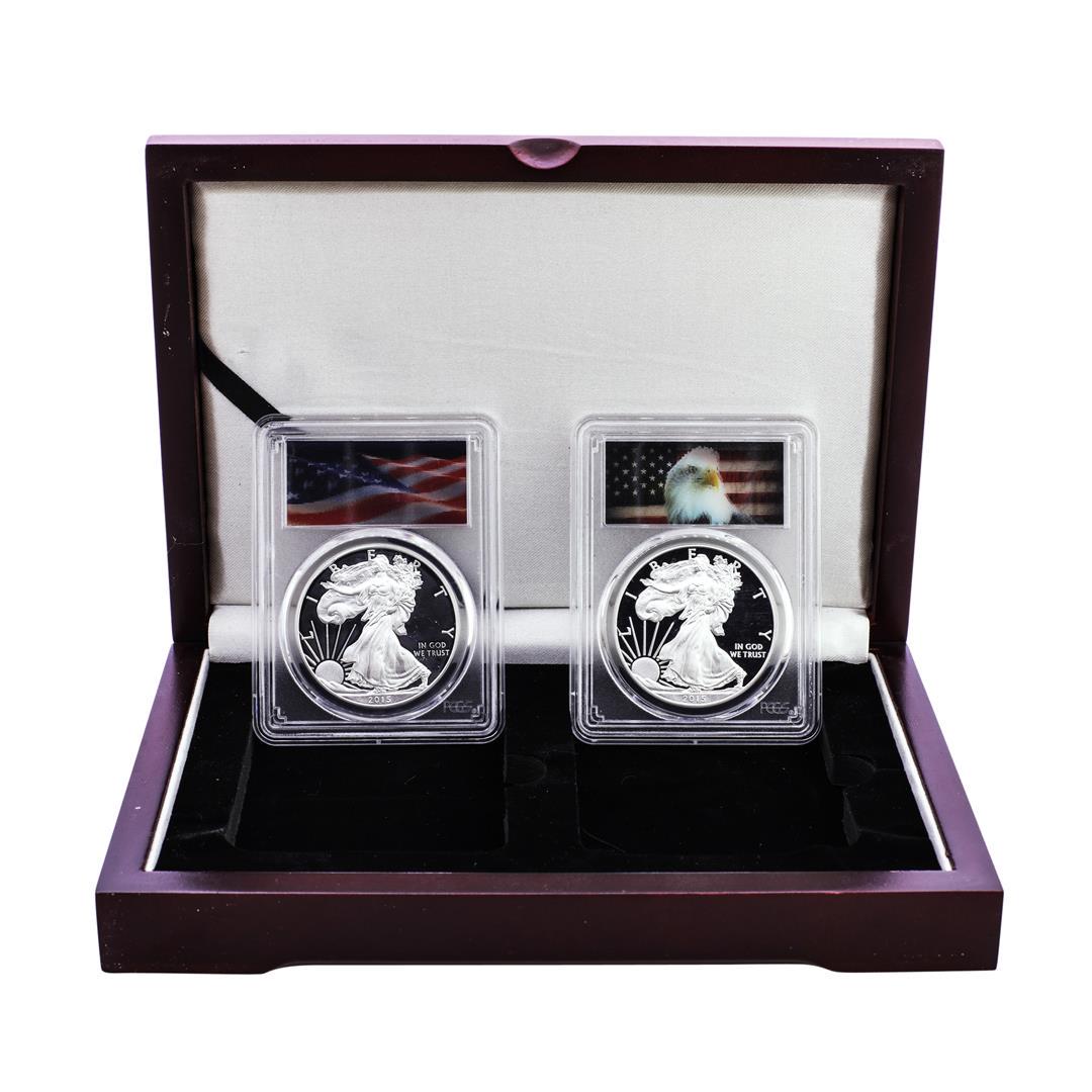 Lot of (2) 2015-W $1 American Silver Eagle Coins PCGS: One Lot of (2) 2015-W $1 American Silver Eagle Coins PCGS PR70DCAM Holographic Label & Box. PCGS Graded.