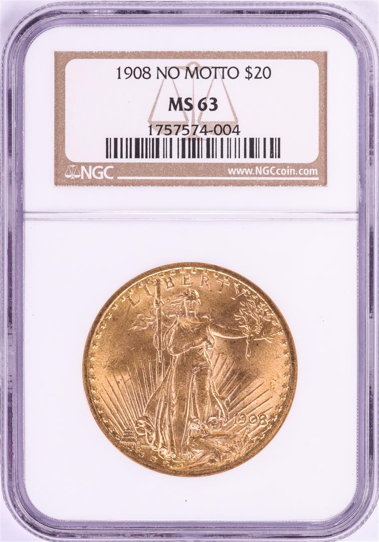 1908 No Motto $20 St. Gaudens Double Eagle Gold Coin: One 1908 No Motto $20 St. Gaudens Double Eagle Gold Coin NGC MS63. NGC Certified.