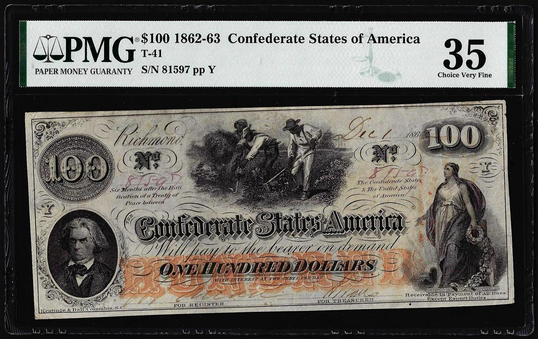 1862-63 $100 Confederate States of America Note T-41: One 1862-63 $100 Confederate States of America Note T-41 PMG Choice Very Fine 35. PMG Certified.