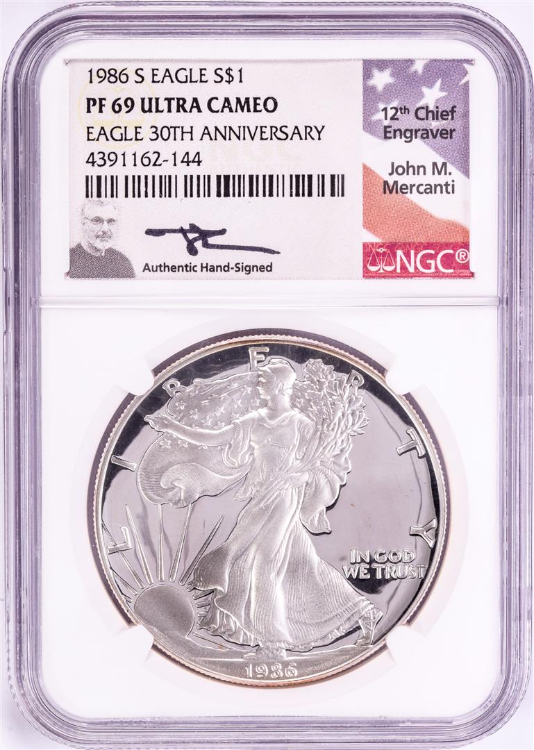 1986-S Proof $1 American Silver Eagle Coin NGC PF69: One 1986-S Proof $1 American Silver Eagle Coin NGC PF69 Ultra Cameo Mercanti Signature. NGC Certified.