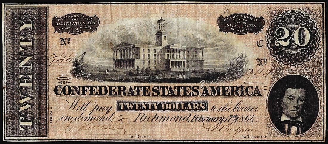 1864 $20 The Confederate States of America Note: One 1864 $20 The Confederate States of America Note.