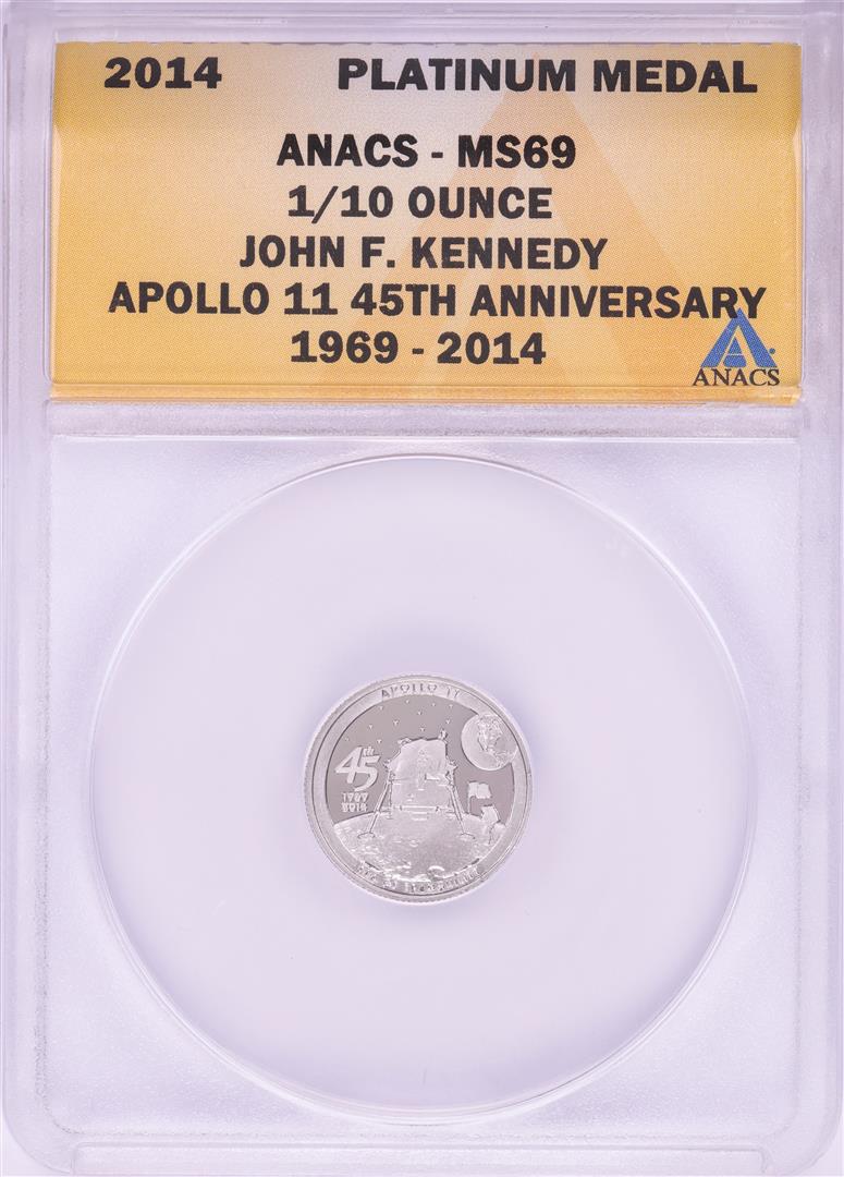 2014 Proof 1/10 oz Platinum JFK Apollo 11 Anniversary: One 2014 Proof 1/10 oz Platinum JFK Apollo 11 Anniversary Medal ANACS MS68. ANACS Certified.