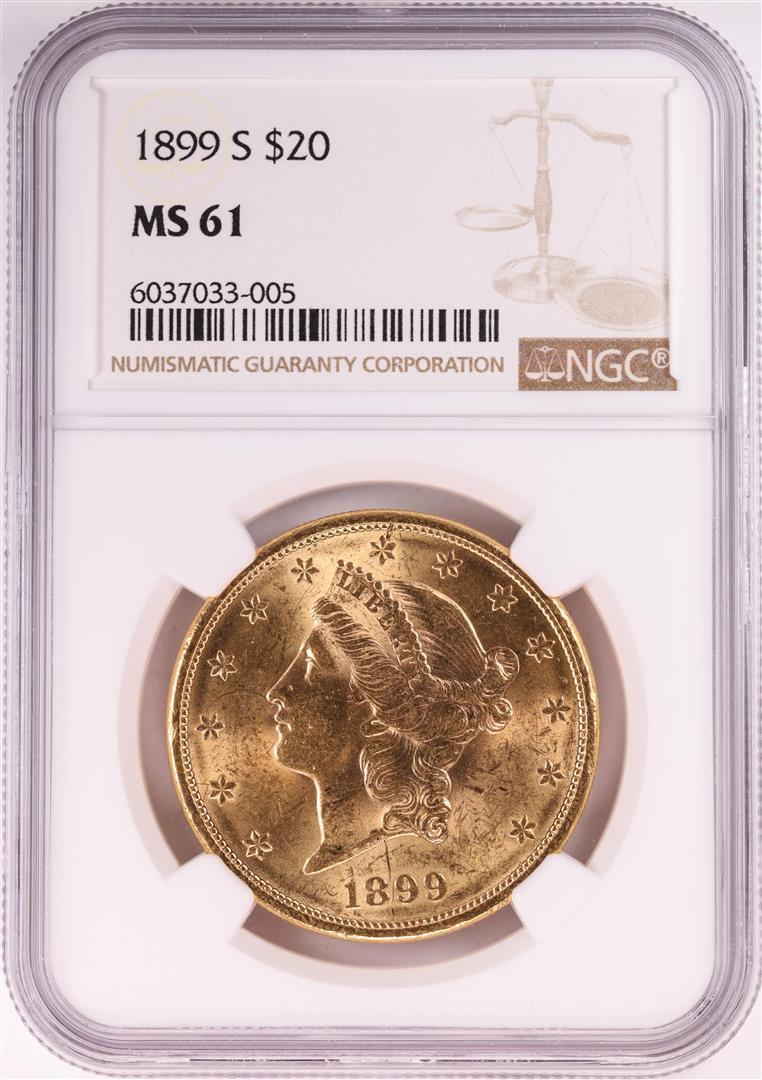 1899-S $20 Liberty Head Double Eagle Gold Coin NGC MS61: One 1899-S $20 Liberty Head Double Eagle Gold Coin NGC MS61. NGC Certified.